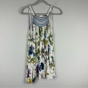 Anthropologie One September White Blue Embroidered Isabel Tunic Tank Top Medium